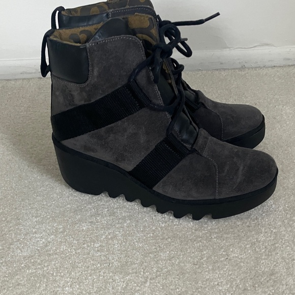 Fly London Black Lace Up Wedge Boots - Picture 2 of 7